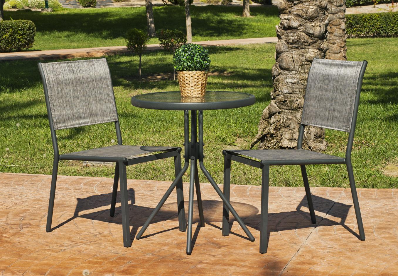 Conjunto de acero color antracita: mesa redonda de 70 cm. Con tapa de cristal templado + 2 sillas de acero y textilen